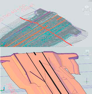 Существующая и проектная трехмерные поверхностные модели защитной дамбы Д10.